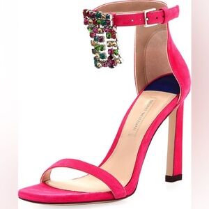 Hot Pink Suede Stuart Weitzman Heels w Detachable Red Gem Accent